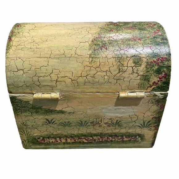 Vintage Painted Wooden Hinged Box Yellow Floral Garden Scene Crackled 6.5x5x5.5 - Picture 3 of 12